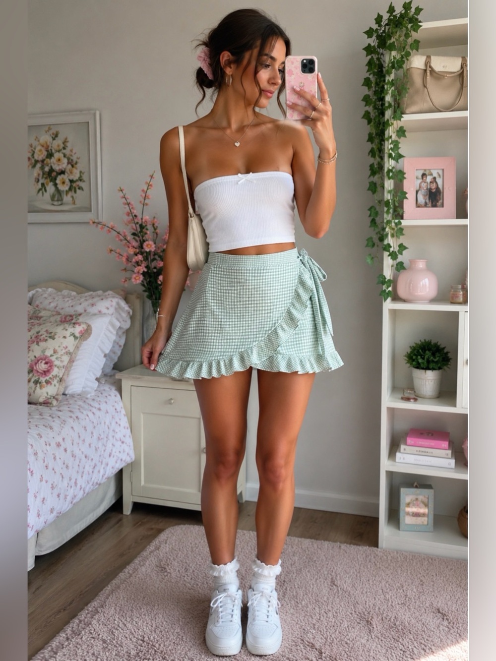 Altar'd State Sage Green Gingham Wrap Skirt Size Small Ruffle Hem Cottagecore